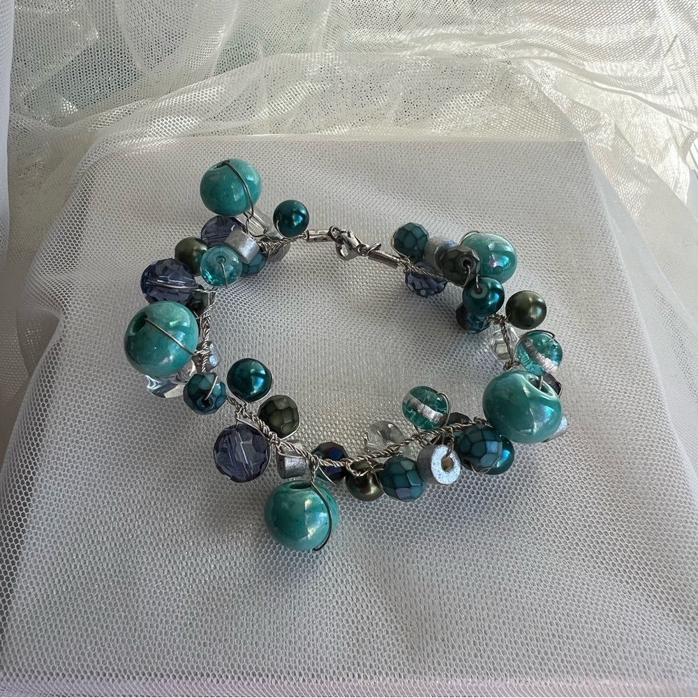 Turquoise Blue Ceramic Bead & Crystal Mixed Media Beaded Necklace Handmade NEW - Picture 11 of 17